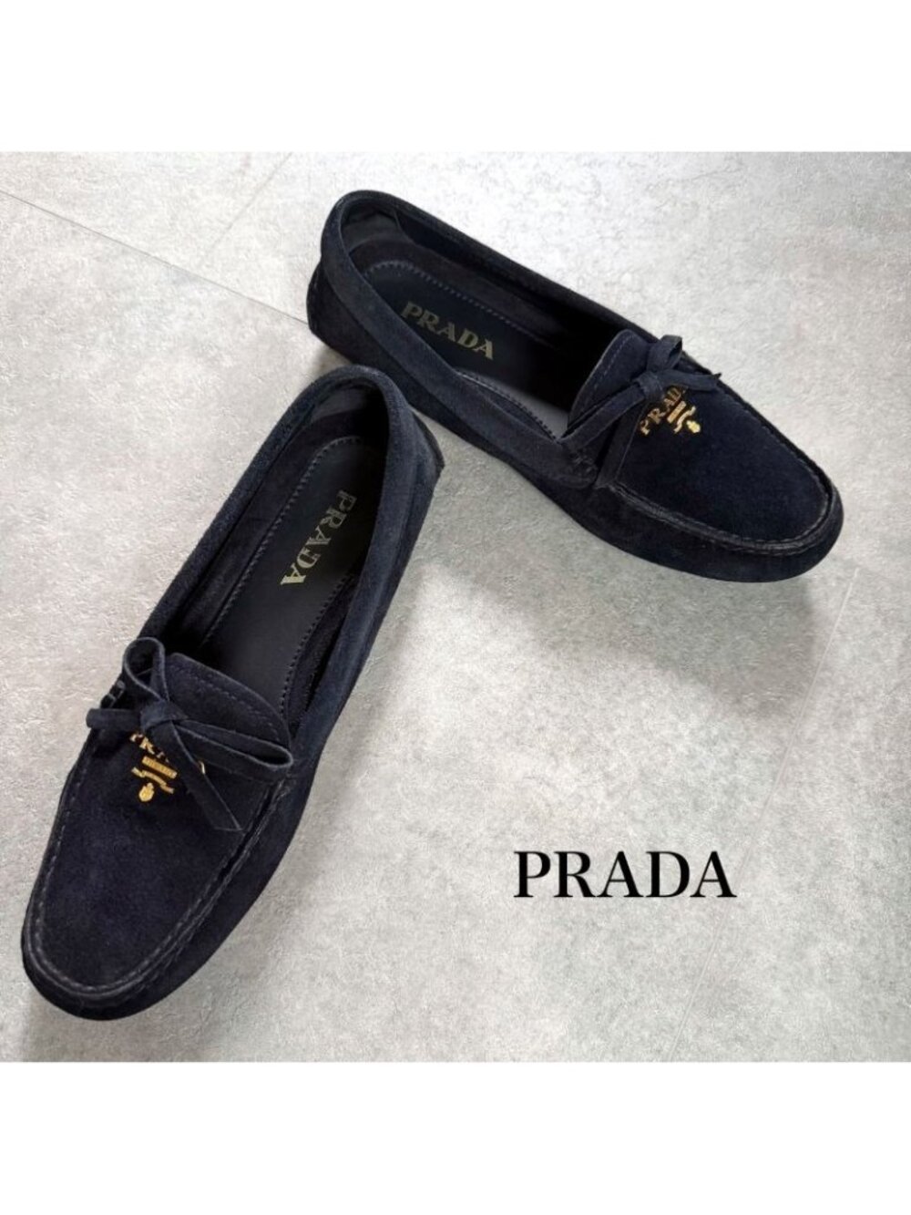 Prada Logo Ribbon Driving Shoes Navy Gold Hardware Suede 35 1 2